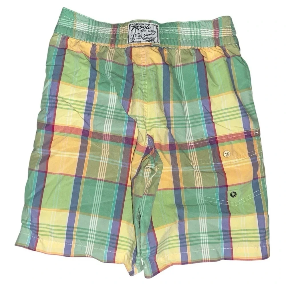 Polo Ralph Lauren Boys Sz M 10 12 Yellow Green Blue Red Plaid Swim Shorts Trunks